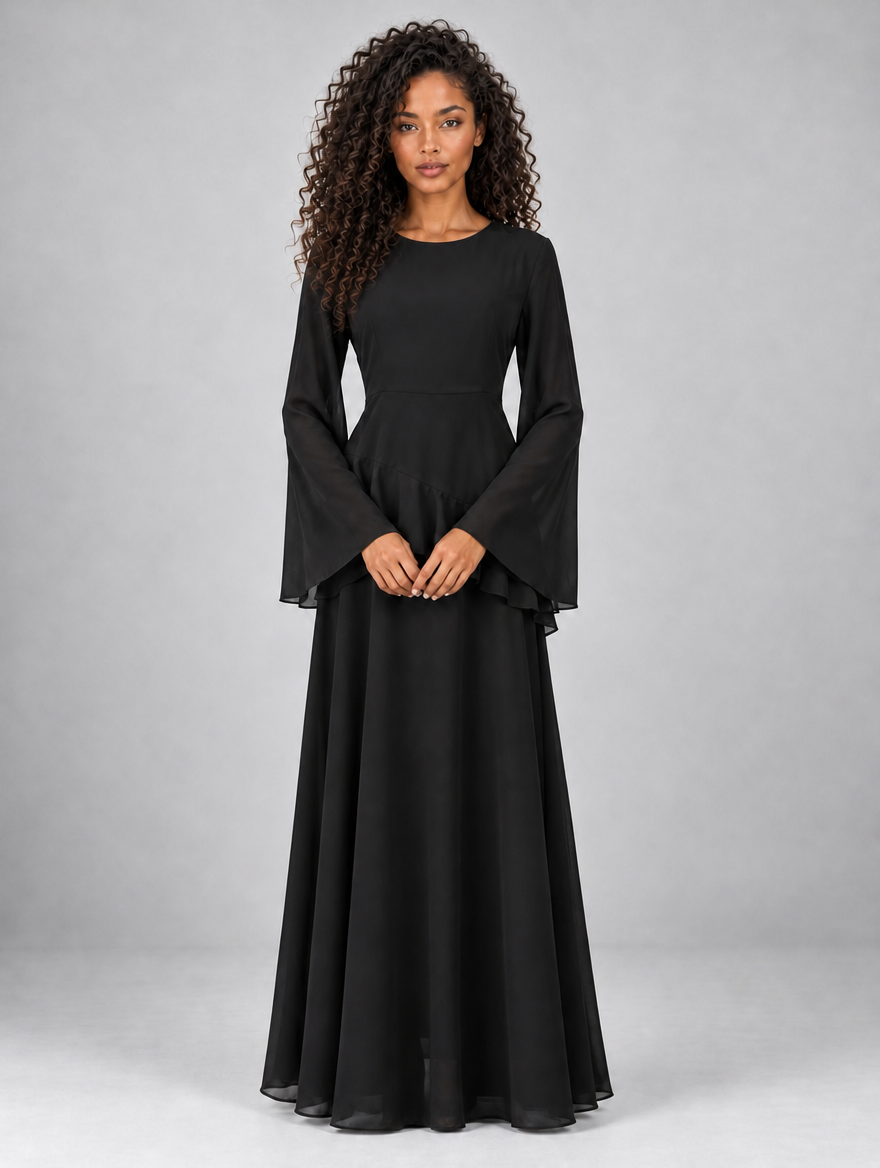 Women’s Long Sleeve Ruffle Maxi Dress — Black