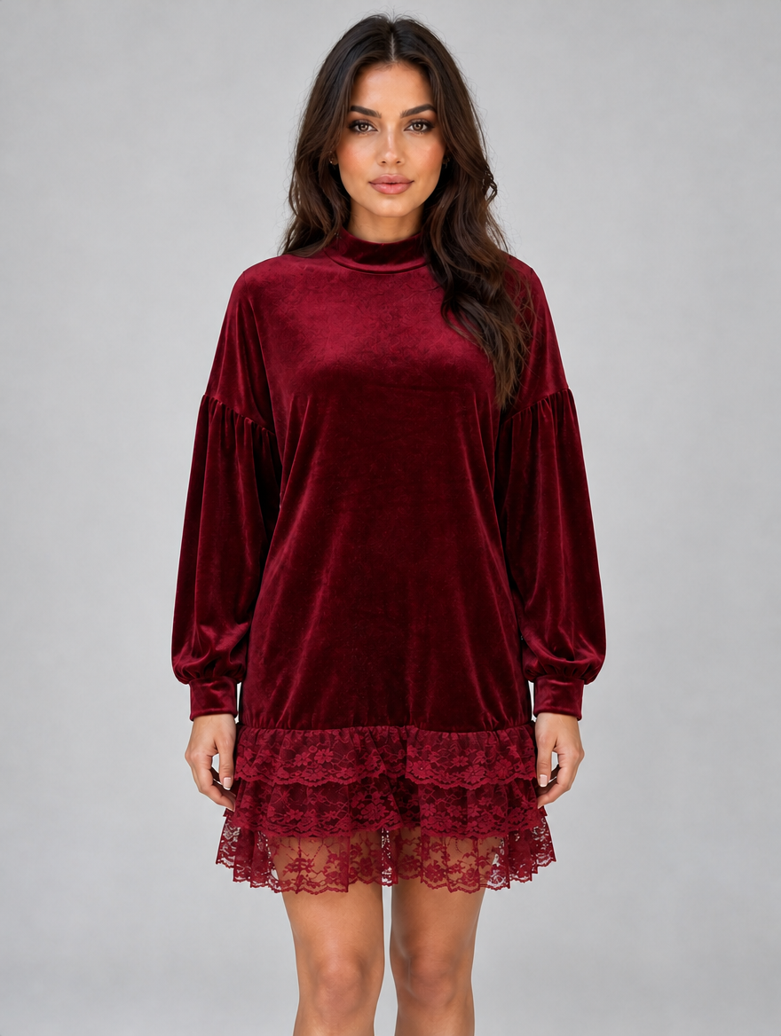 Women’s High Neck Velvet Mini Dress — Red