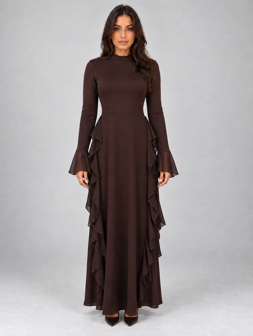 Women's High Neck Ruffle Maxi Dress — Brown