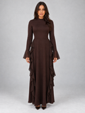 Women's High Neck Ruffle Maxi Dress — Brown