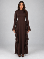 Women's High Neck Ruffle Maxi Dress — Brown