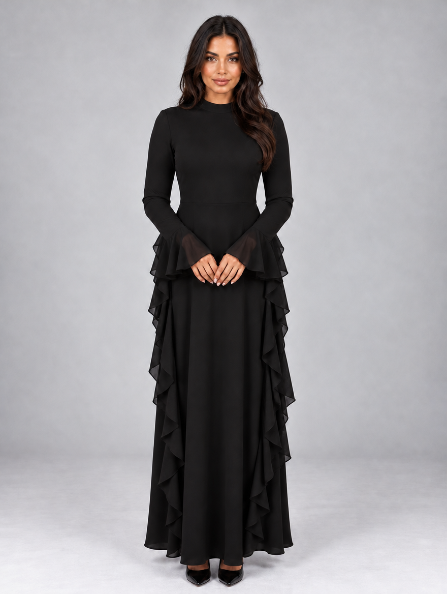 Women's High Neck Ruffle Maxi Dress — Black