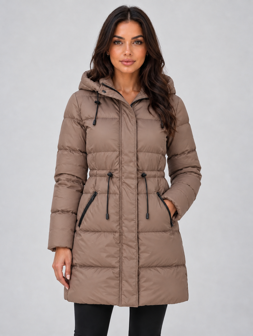 Women’s Longline Hooded Puffer Coat — Brown