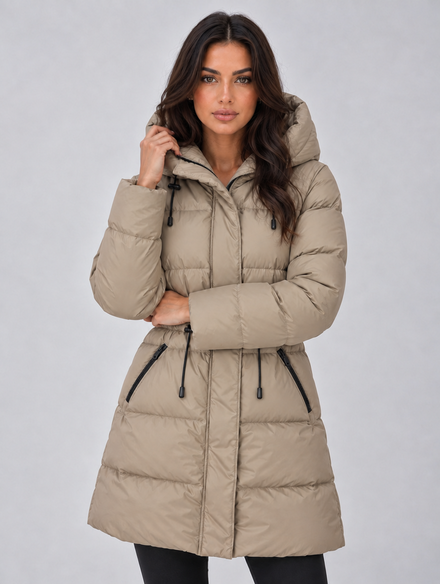 Women’s Longline Hooded Puffer Coat — Khaki