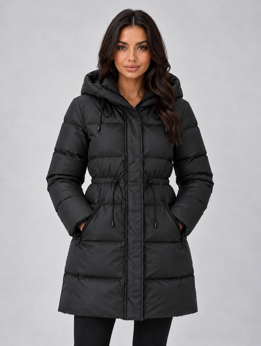 Women’s Longline Hooded Puffer Coat — Black