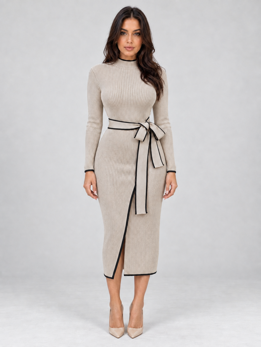 Women's Belted Ribbed Knit Midi Dress — Apricot