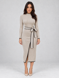 Women's Belted Ribbed Knit Midi Dress — Apricot