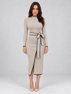 Women's Belted Ribbed Knit Midi Dress — Apricot