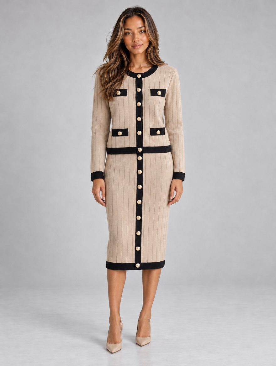 Women’s Knitted Cardigan & Midi Skirt Co-Ord Set — Beige