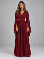 Women's Cape Sleeve Pleated Maxi Dress — Red