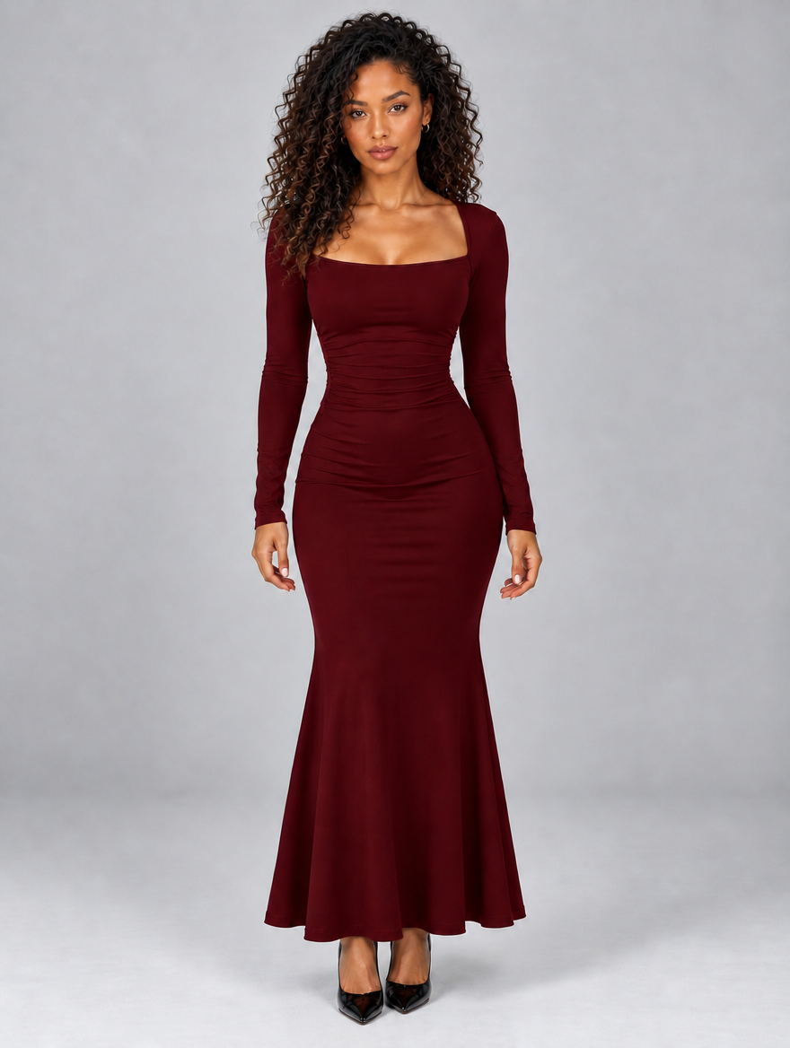 Women's Square Neck Ruched Maxi Dress — Burgundy