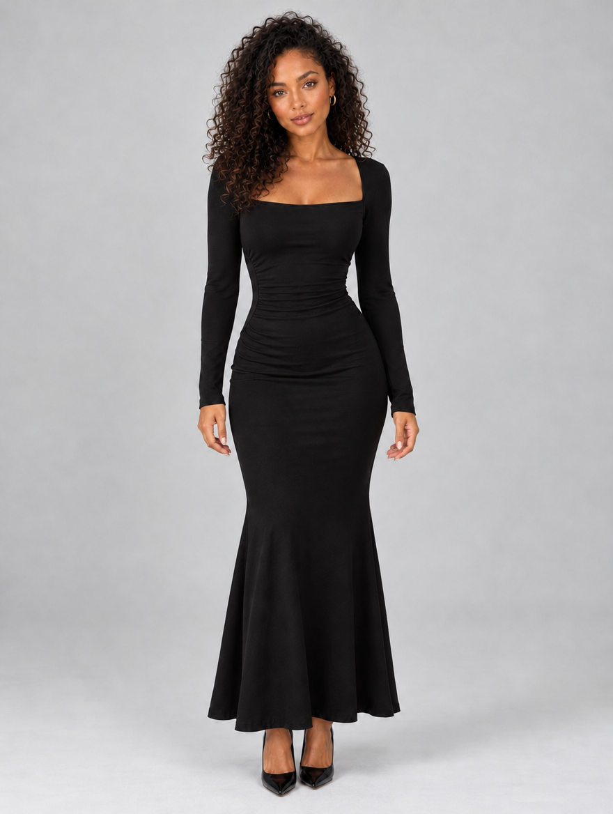 Women's Square Neck Ruched Maxi Dress — Black