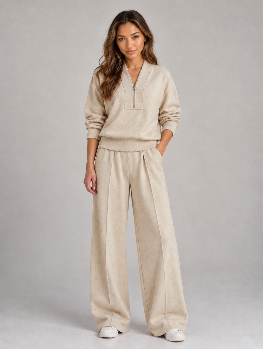 Women’s Half Zip Knit Co-Ord Set — Beige