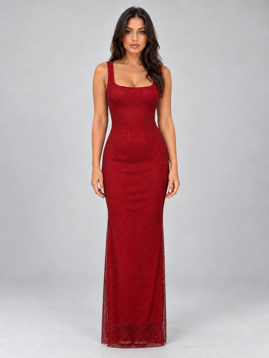 Women's Square Neck Sequin Maxi Dress — Red