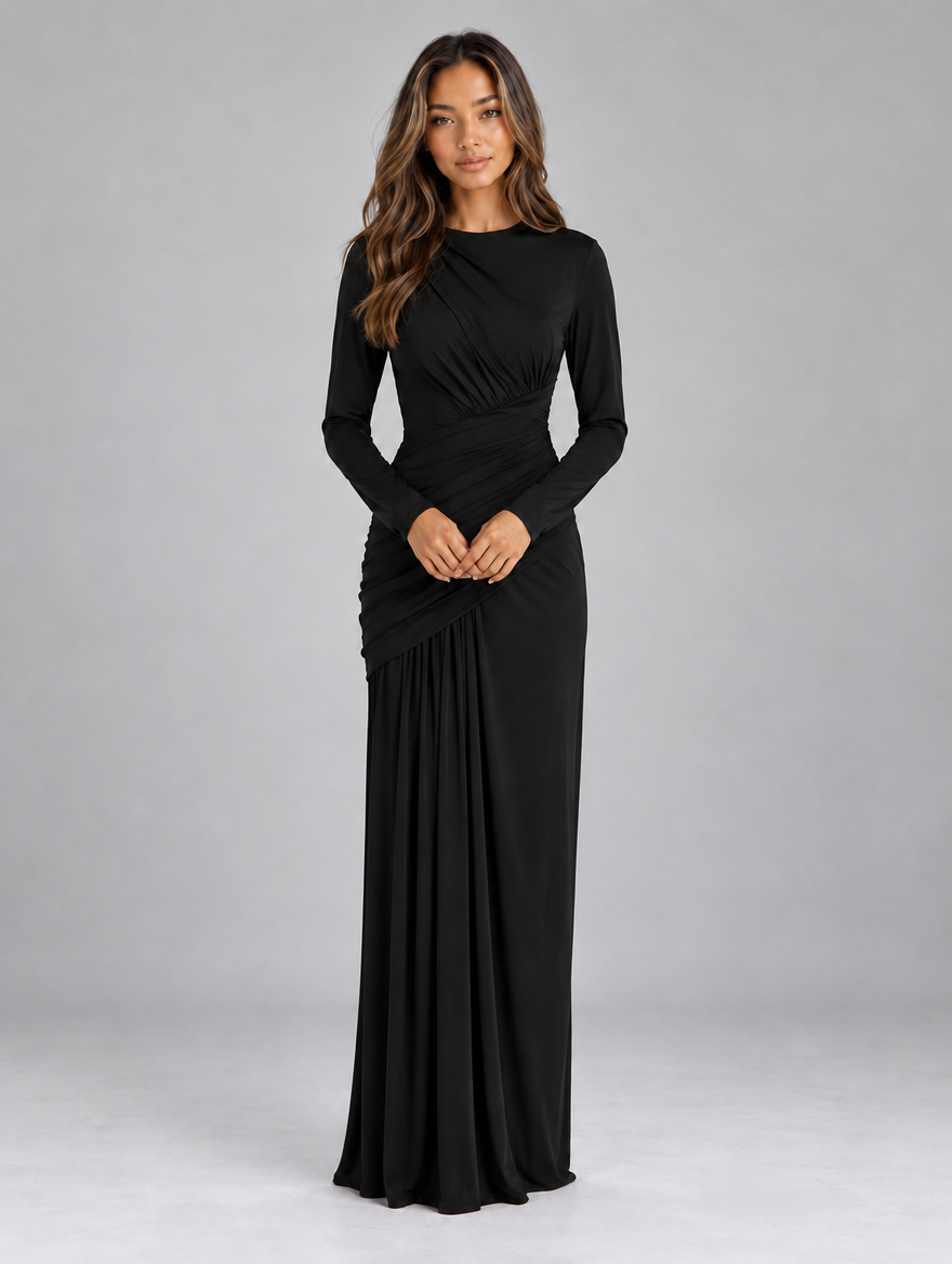 Women’s Long Sleeve Ruched Maxi Dress — Black