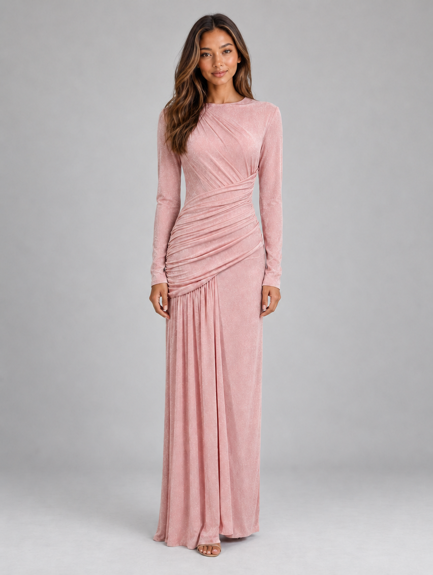 Women’s Long Sleeve Ruched Maxi Dress — Pink