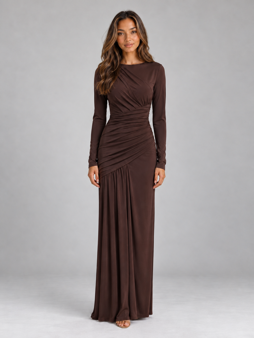 Women’s Long Sleeve Ruched Maxi Dress — Brown