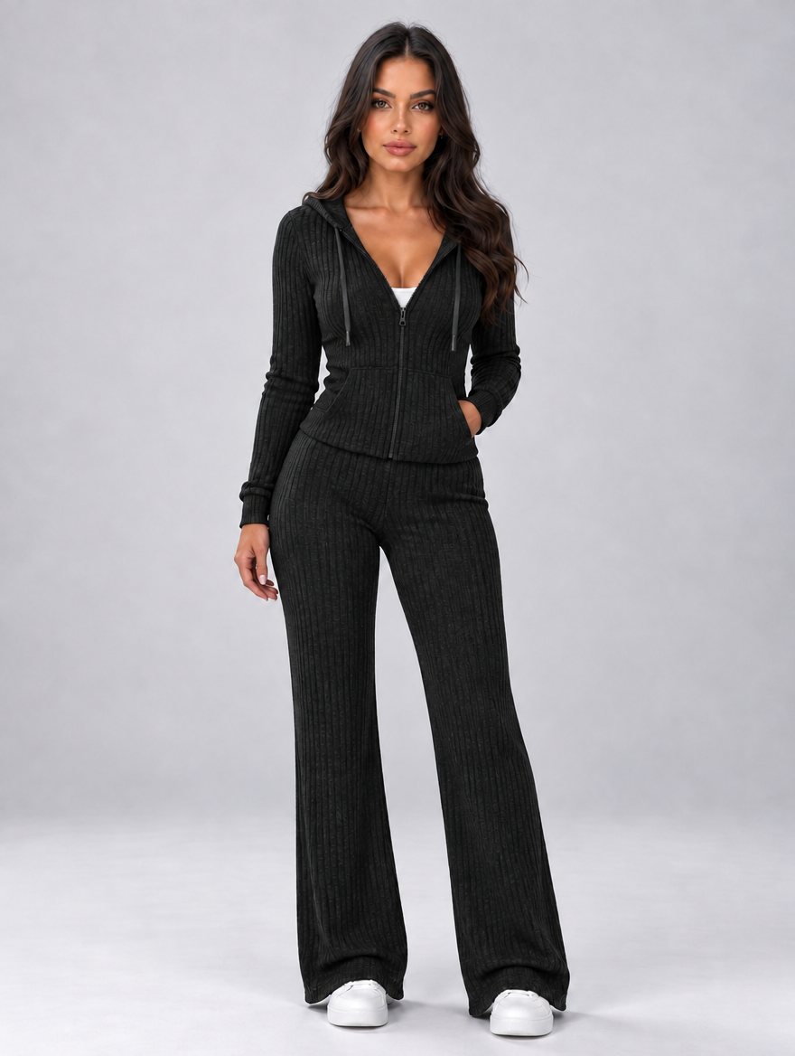 Women’s Hooded Ribbed Knit Co-Ord Set — Black