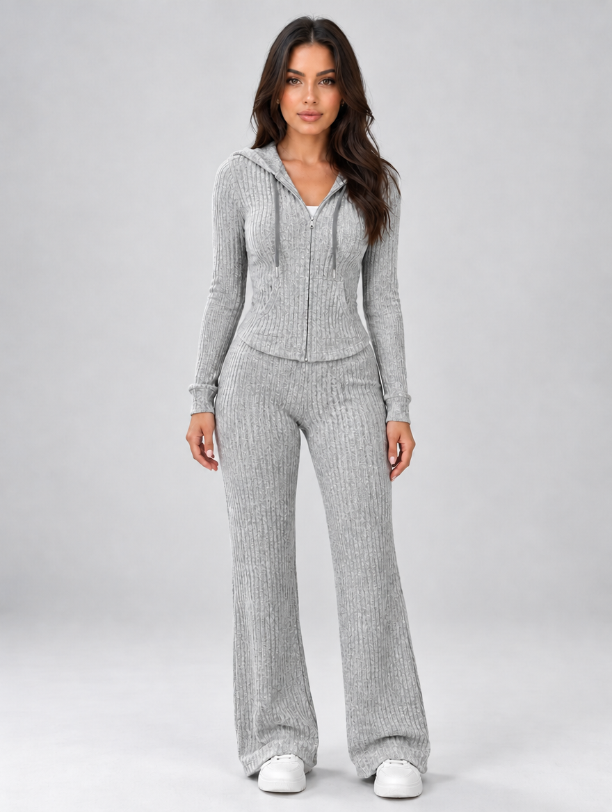 Women’s Hooded Ribbed Knit Co-Ord Set — Grey