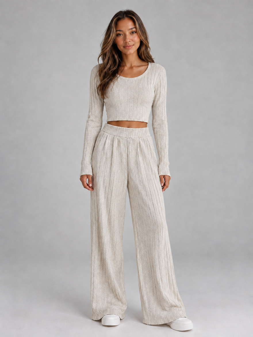 Women’s Ribbed Knit Co-Ord Set — Apricot