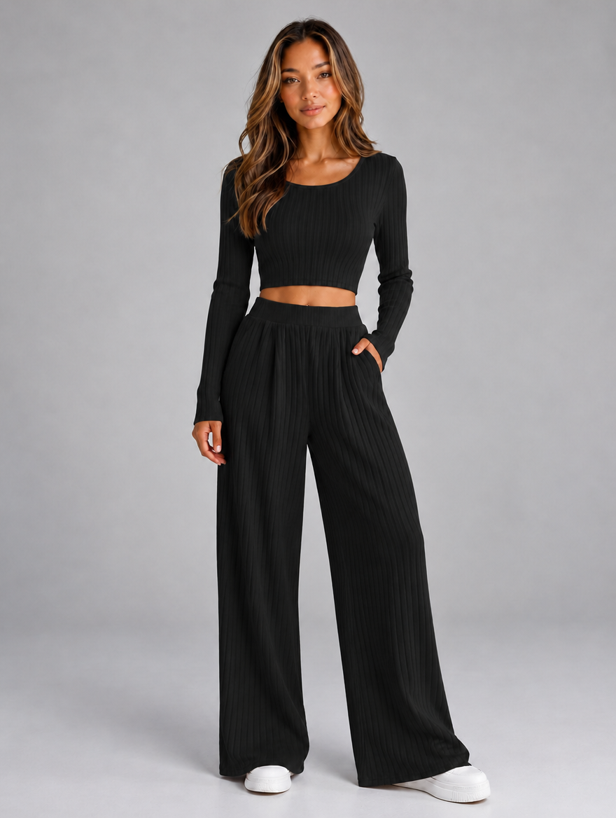 Women’s Ribbed Knit Co-Ord Set — Black