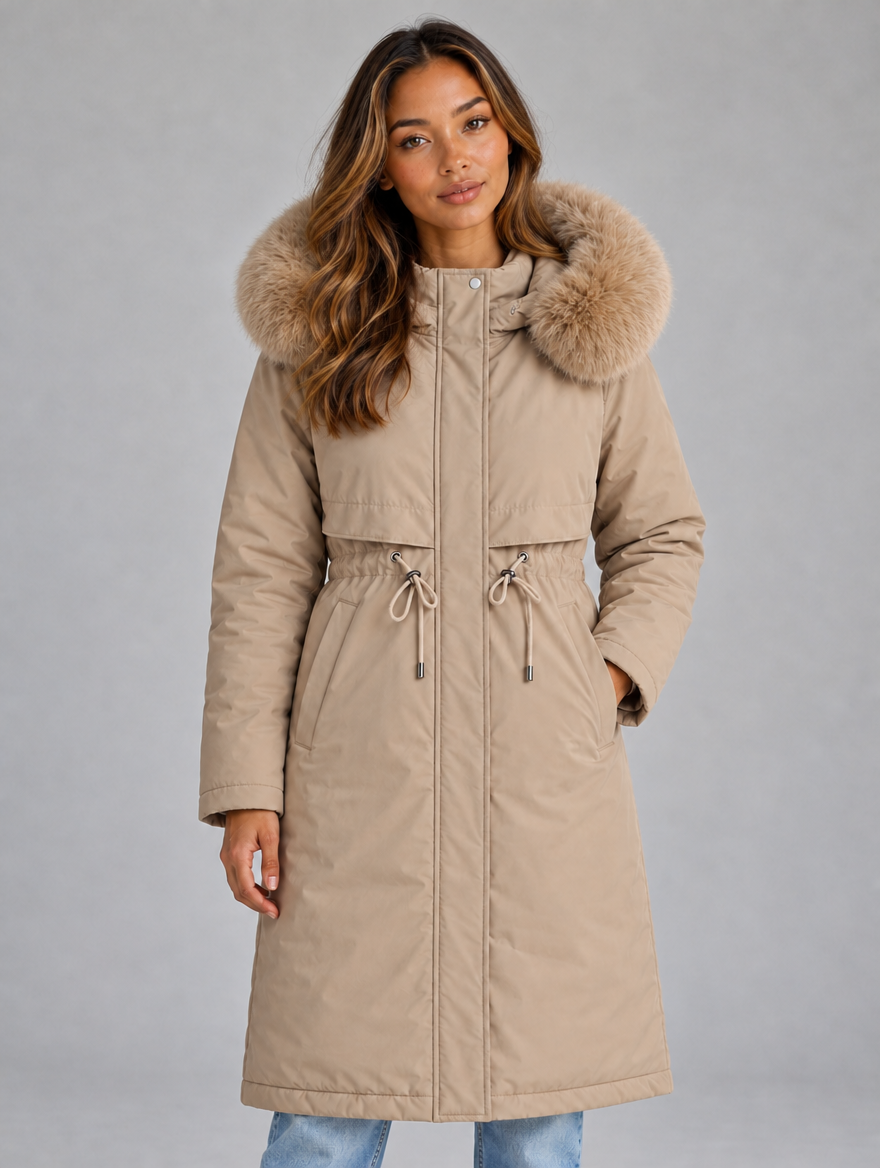Women’s Long Hooded Winter Coat — Beige
