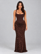Women’s Sequin Corset Maxi Dress — Brown