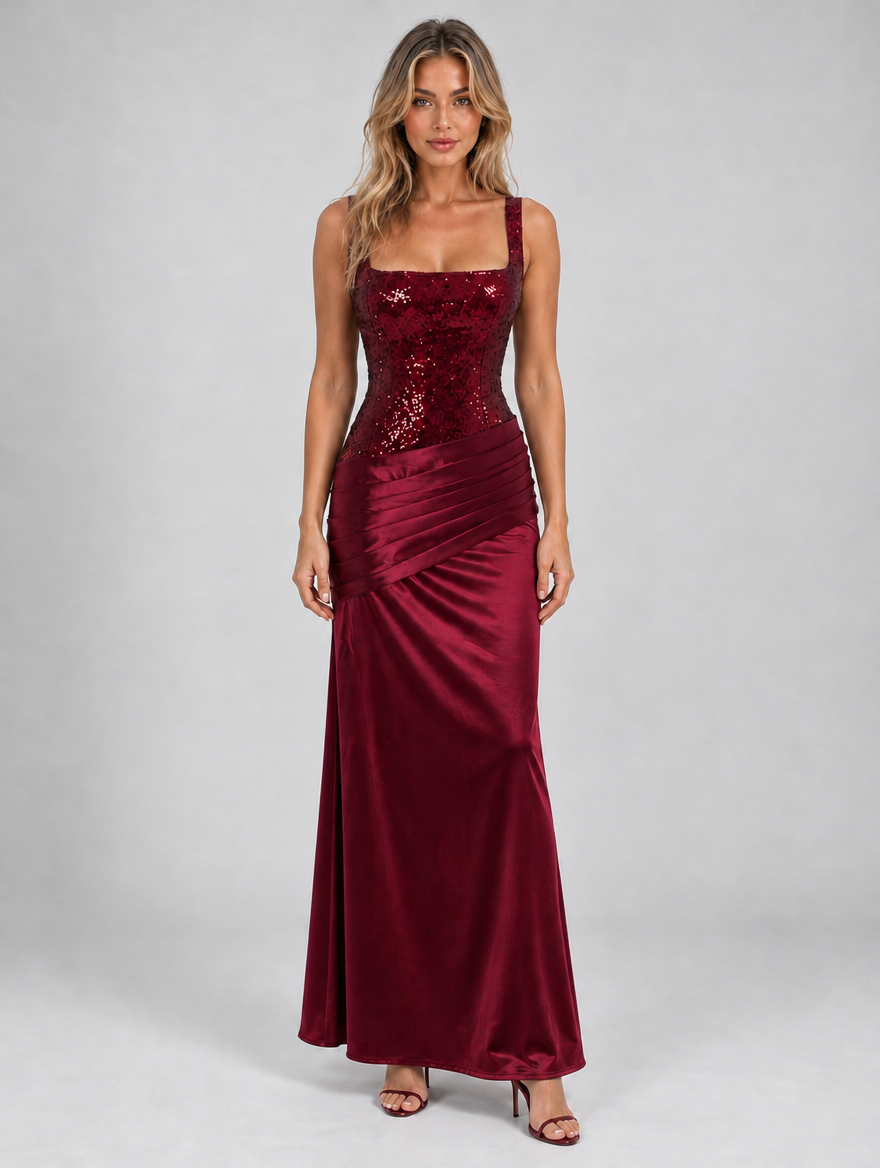 Women's Embellished Corset Maxi Dress — Burgundy