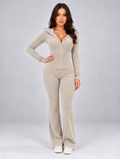 Women’s Hooded Ribbed Knit Lounge Set — Khaki
