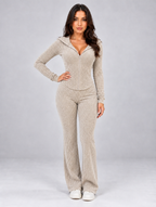 Women’s Hooded Ribbed Knit Lounge Set — Khaki