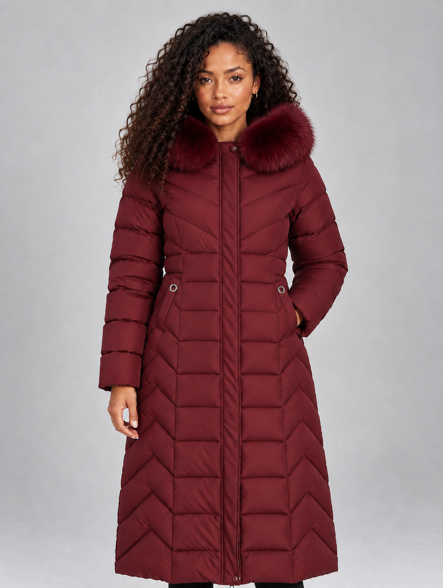 Women’s Longline Quilted Puffer Coat — Red