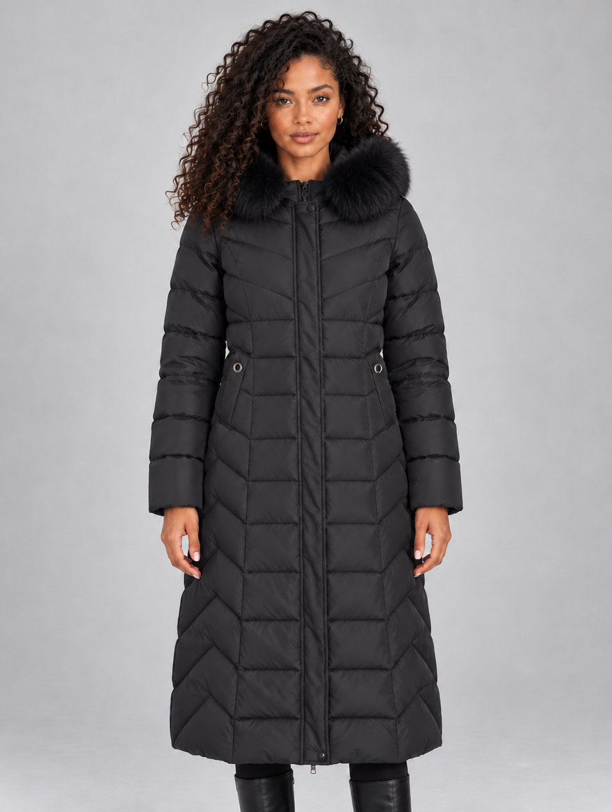 Women’s Longline Quilted Puffer Coat — Black