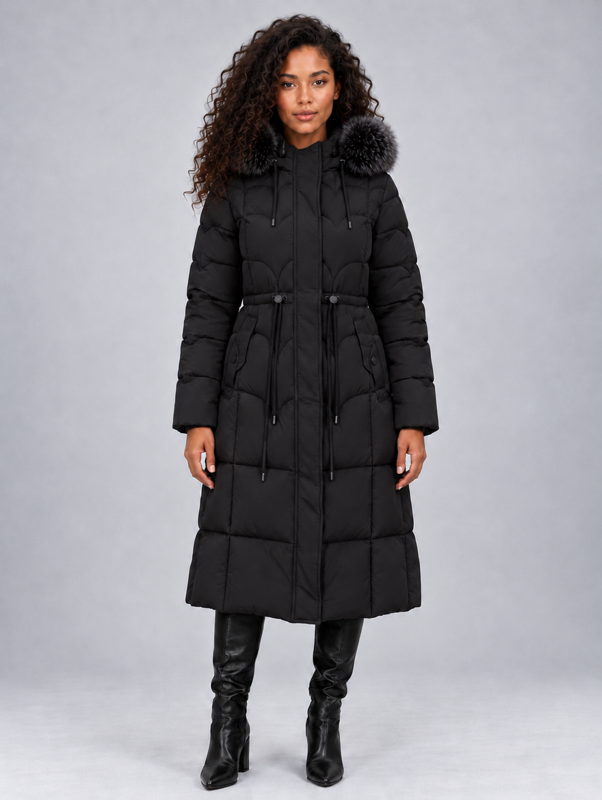 Women’s Faux Fur Longline Quilted Puffer Coat — Black