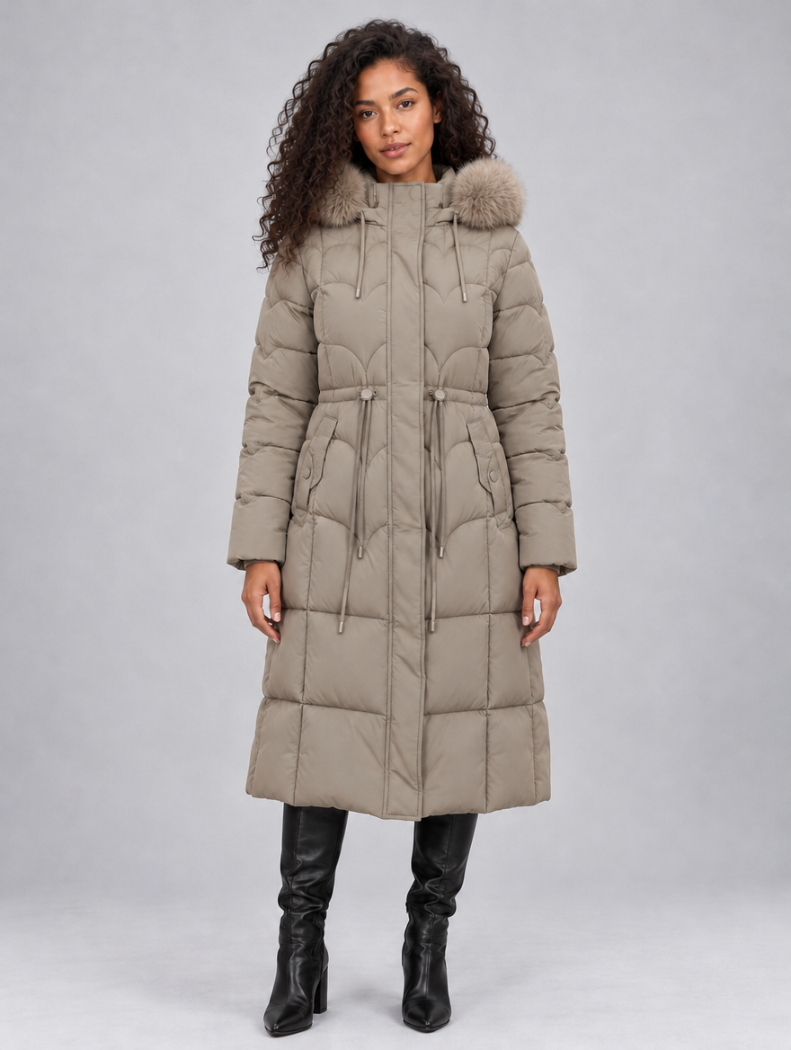 Women’s Faux Fur Longline Quilted Puffer Coat — Khaki