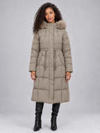 Women’s Faux Fur Longline Quilted Puffer Coat — Khaki