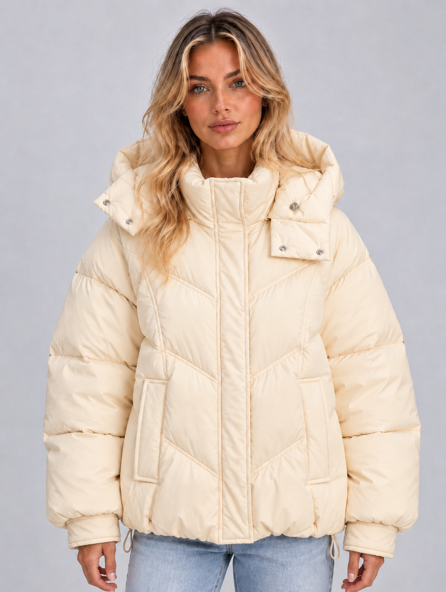 Women’s Oversized Hooded Quilted Puffer Jacket — Cream