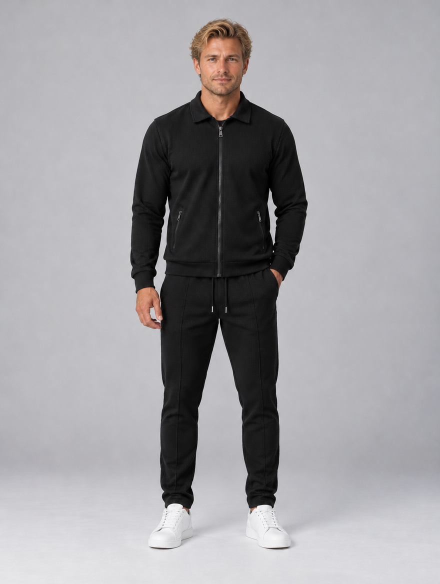Men’s Textured Full Zip Tracksuit — Black