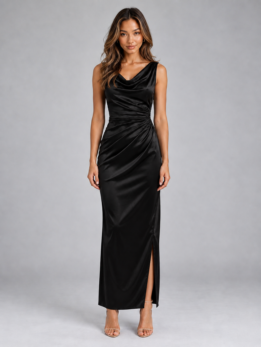 Women’s Satin Look Cowl Neck Maxi Dress — Black