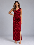 Women’s Satin Look Cowl Neck Maxi Dress — Red