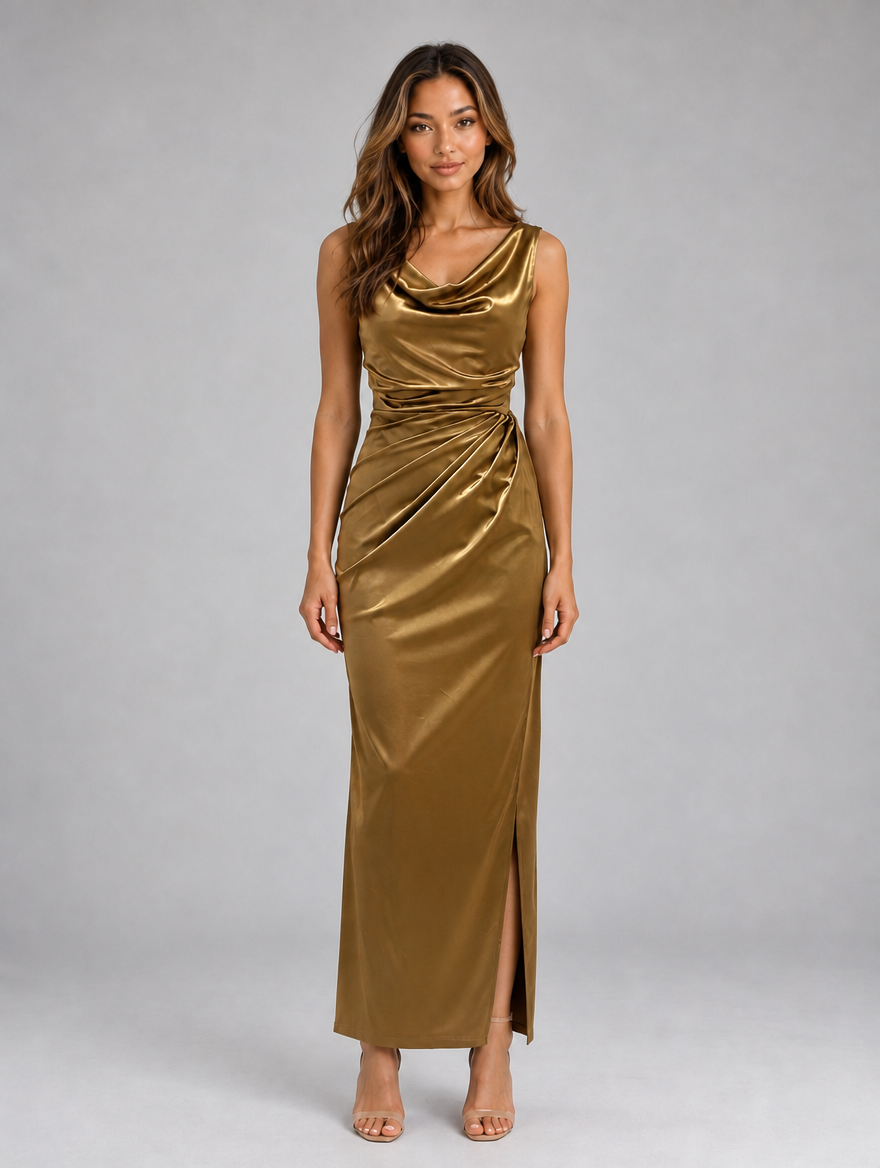 Women’s Satin Look Cowl Neck Maxi Dress — Gold