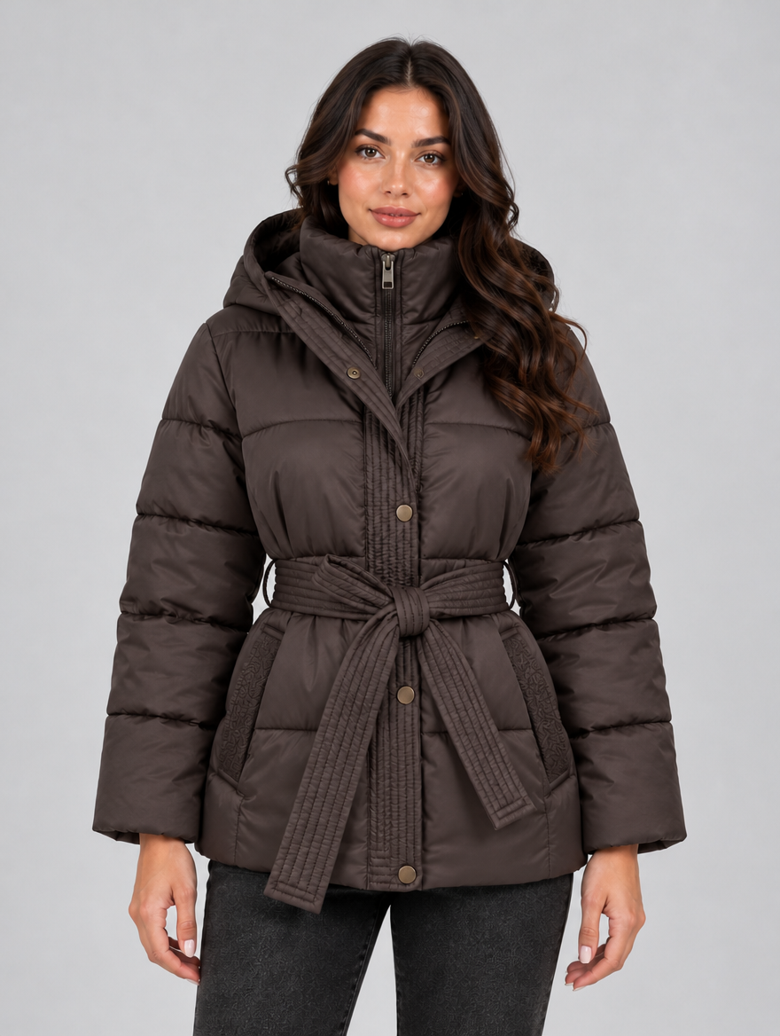 Women’s Hooded Puffer Jacket — Brown
