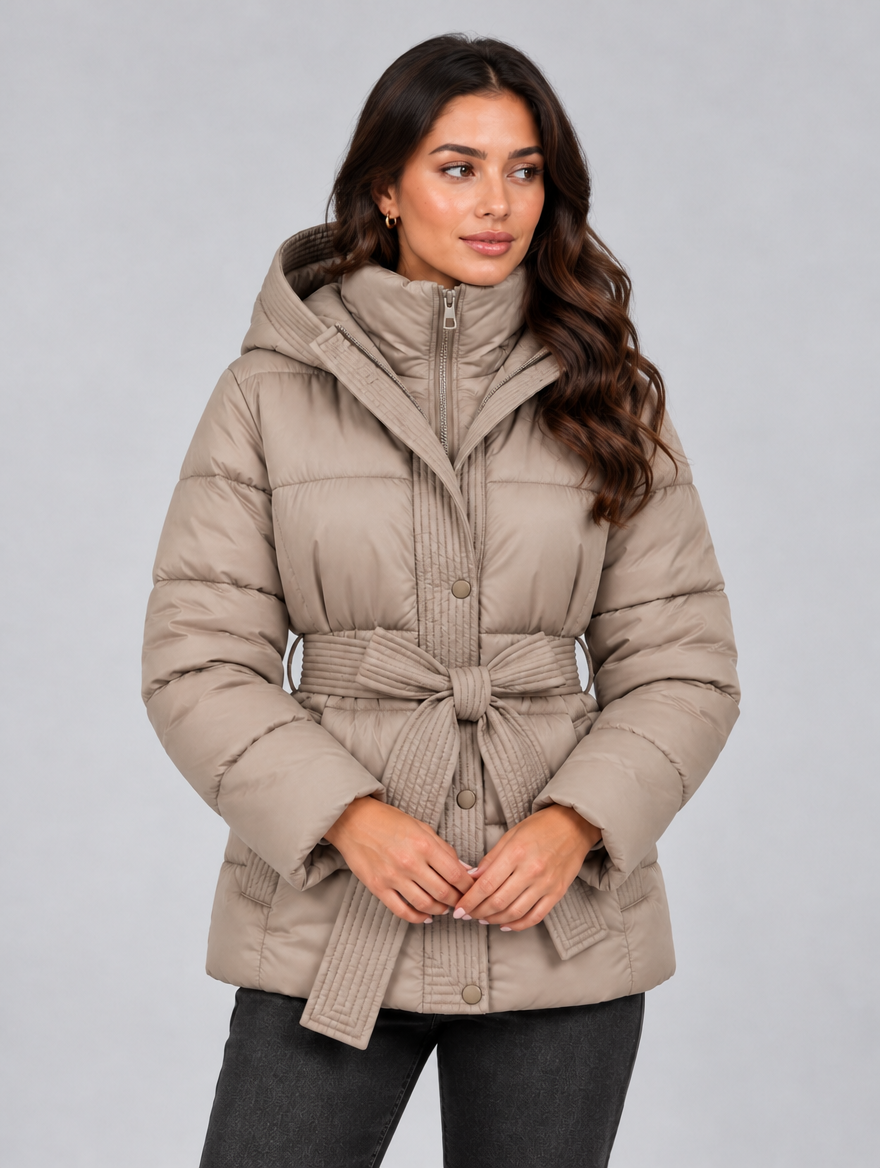 Women’s Hooded Puffer Jacket — Beige