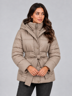 Women’s Hooded Puffer Jacket — Beige