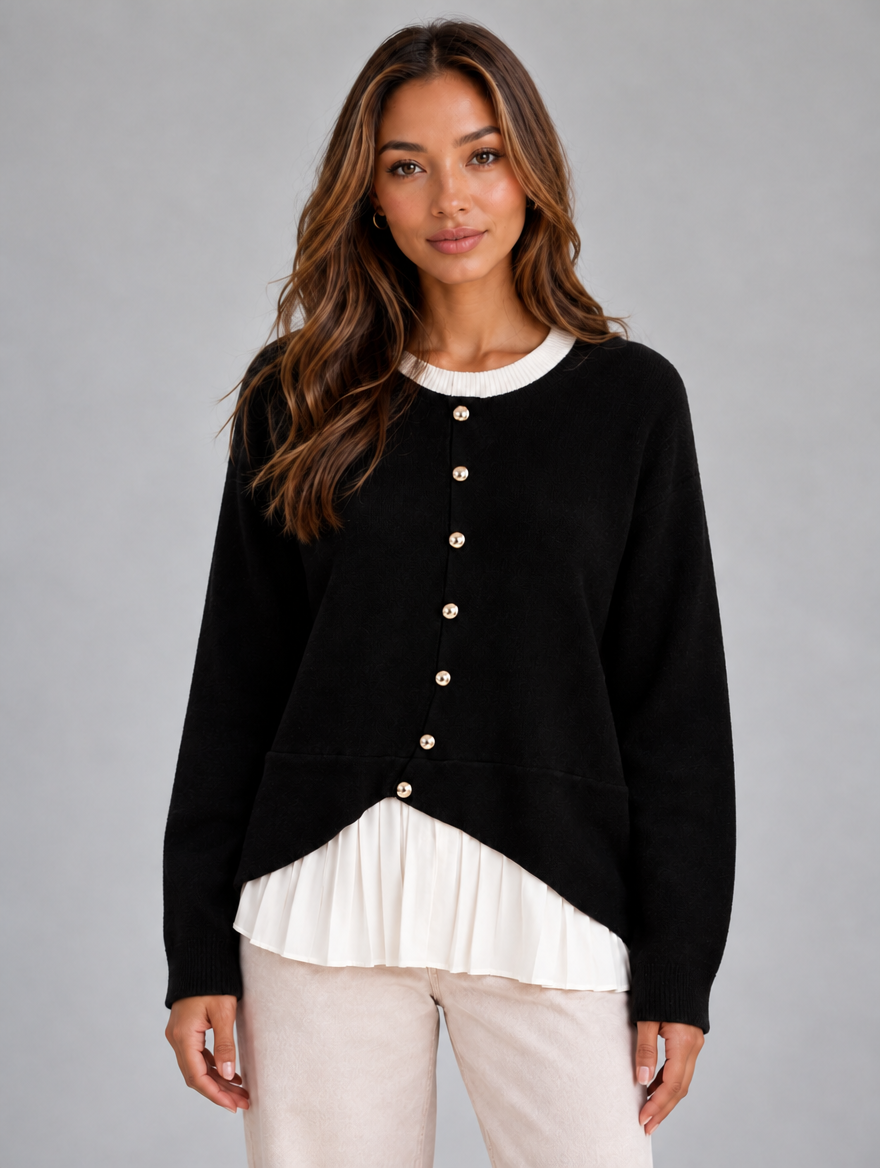 Women’s Layered Knit Cardigan – Button Front Pleated Hem Jumper — Black