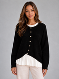 Women’s Layered Knit Cardigan – Button Front Pleated Hem Jumper — Black