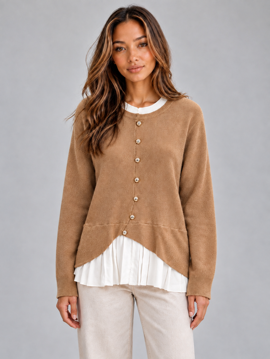 Women’s Layered Knit Cardigan – Button Front Pleated Hem Jumper — Beige