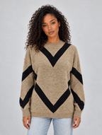 Women’s Chevron Knit Jumper – Crew Neck Relaxed Fit Pullover — Beige