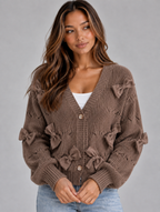Women’s Bow Detail V-Neck Cardigan – Button Front Knitted Jumper — Brown