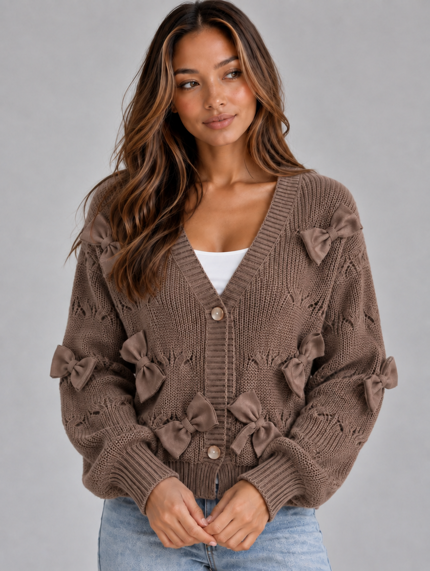 Women’s Bow Detail V-Neck Cardigan – Button Front Knitted Jumper — Brown