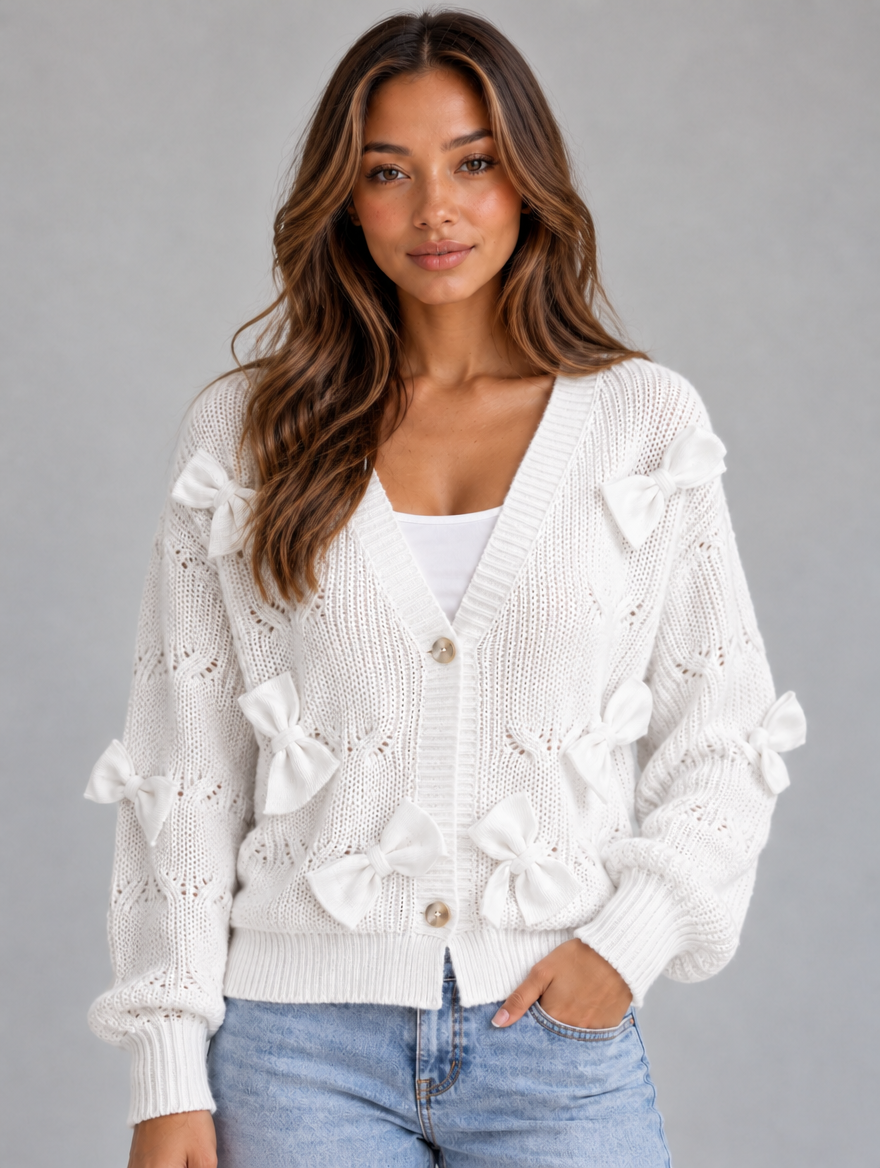 Women’s Bow Detail V-Neck Cardigan – Button Front Knitted Jumper — White